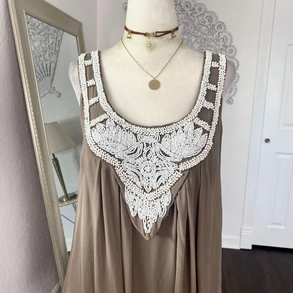 Boston Proper Taupe Silk Beaded Siren Mermaid Babydoll Mini Dress US 6 / S